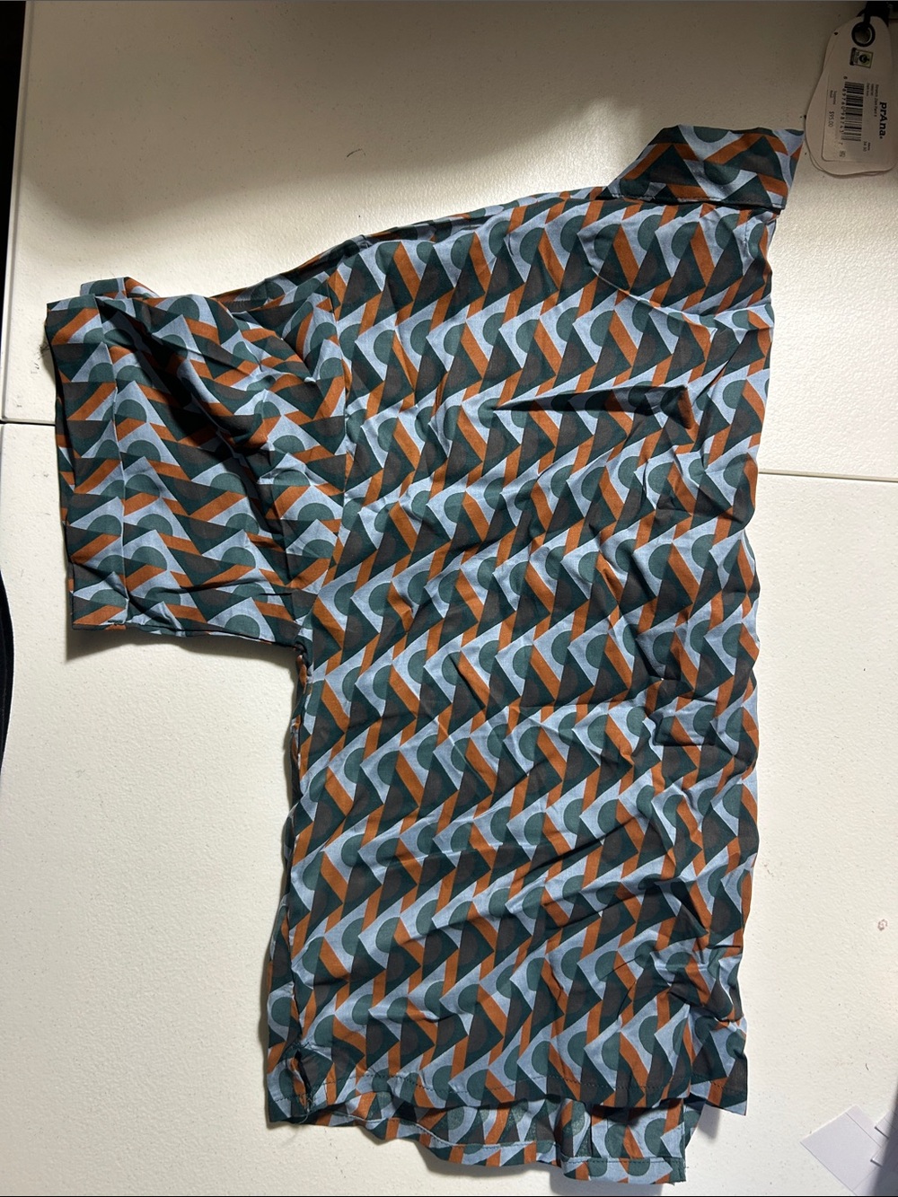 Prana Geometric Print Button-Up Blouse in Teal and Rust - Picture 3 of 5